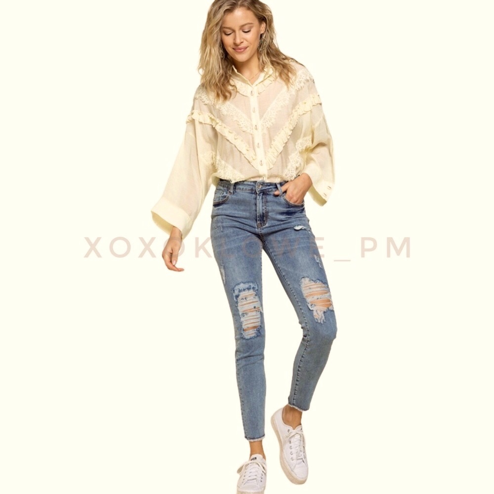 Spring Yellow Long Sleeve Button Down Ruffle Top - Picture 3 of 7